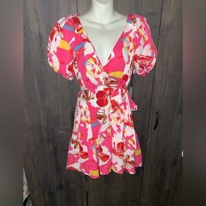 Milk & Honey Floral Wrap Dress in Pink and Red size S